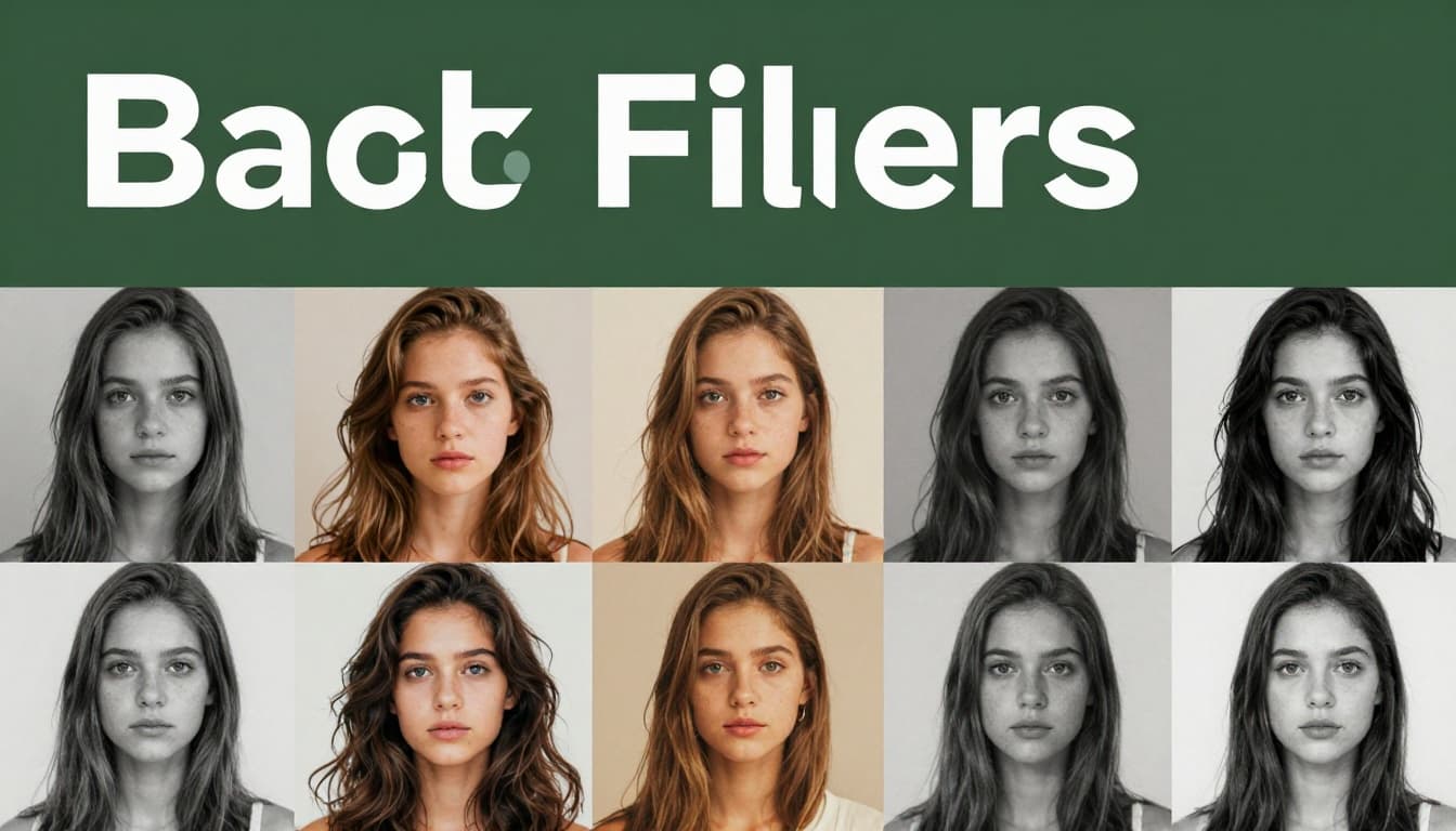 Grid arrangement of a centered portrait face with original neutral, vibrant, vintage, and black-and-white photo filters applied, under warm soft lighting on a neutral background. Bold 'Add Filters' headline in geometric sans-serif font on a dark-green band at the top.