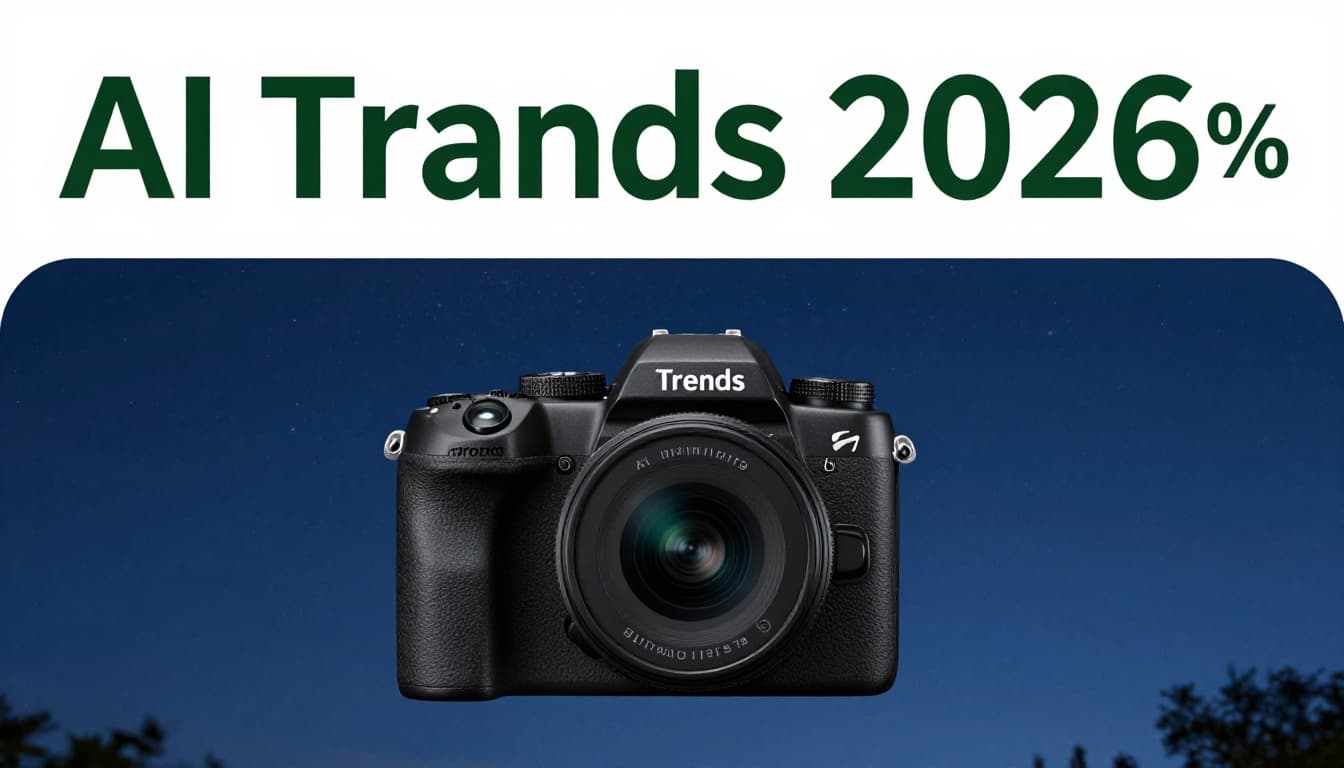 Modern handheld camera with subtle AI interface overlay for night sky star recognition in low light outdoor setting under soft moonlight, featuring bold 'AI Trends 2026' headline.