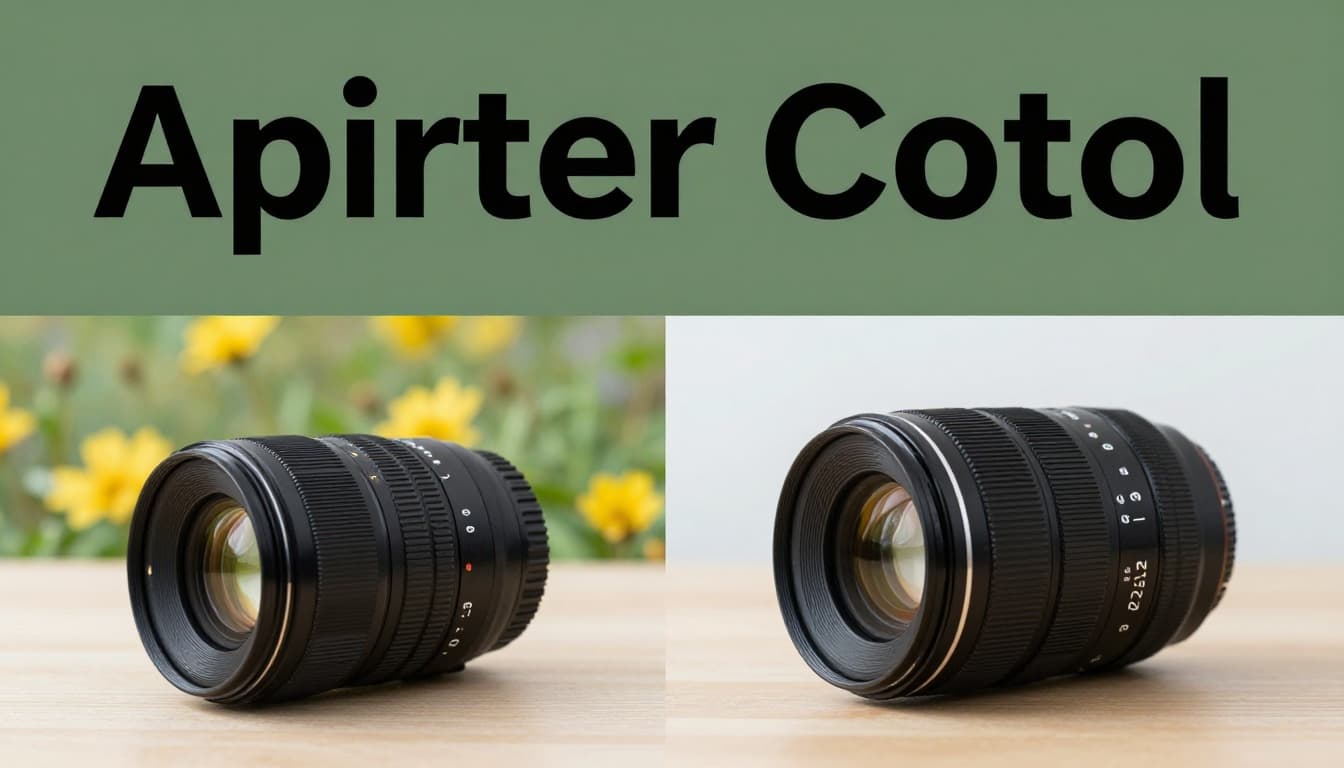 Side-by-side comparison on a neutral studio table showing a wide-open f/2.8 aperture with shallow depth of field blurring background flowers and a narrow f/16 aperture with sharp landscape in focus, under natural daylight in clean photorealistic style. Bold 'Aperture Control' headline in Title Case on a muted dark-green band near the top.