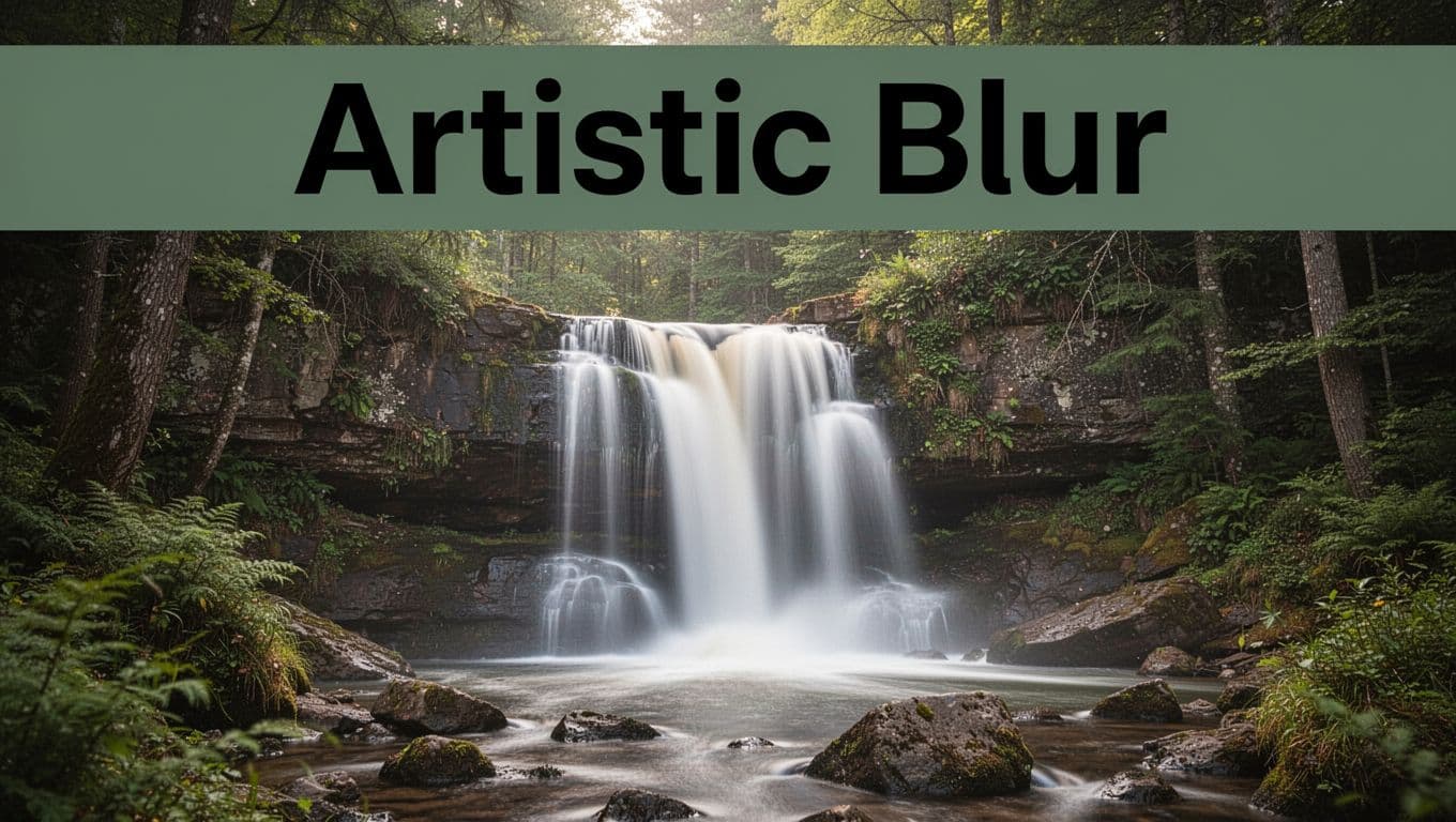 Silky smooth waterfall cascading over rocks with blurred water motion in a lush forest under soft daytime light, featuring a bold 'Artistic Blur' headline on a muted dark-green top band. Demonstrates slow shutter speed effect for dreamy realistic photo style.