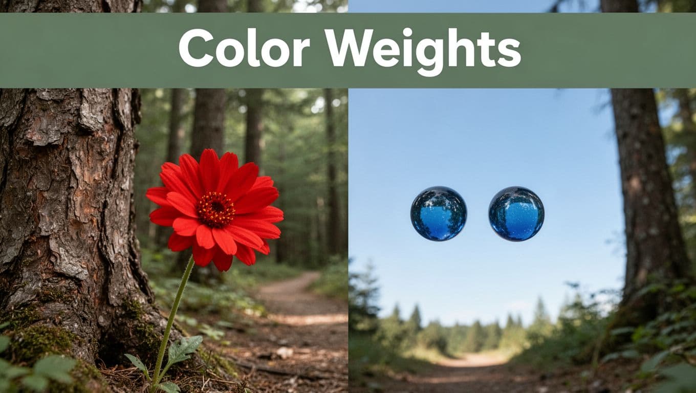 Photo-realistic forest scene showing asymmetrical balance where a bright red flower on the left balances two smaller blue orbs on the right, with rough tree bark contrasting smooth sky under soft daylight. Bold 'Color Weights' headline in geometric sans-serif font on a muted dark-green band at the top.