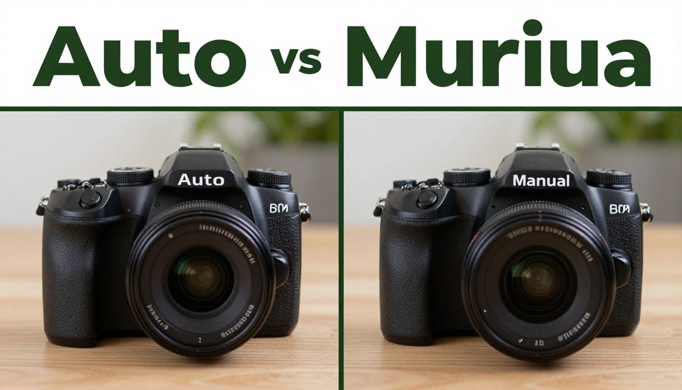 Side-by-side comparison of DSLRs in auto and manual modes on a workshop table with neutral background, natural overhead lighting, and bold 'Auto vs Manual' headline in title case.