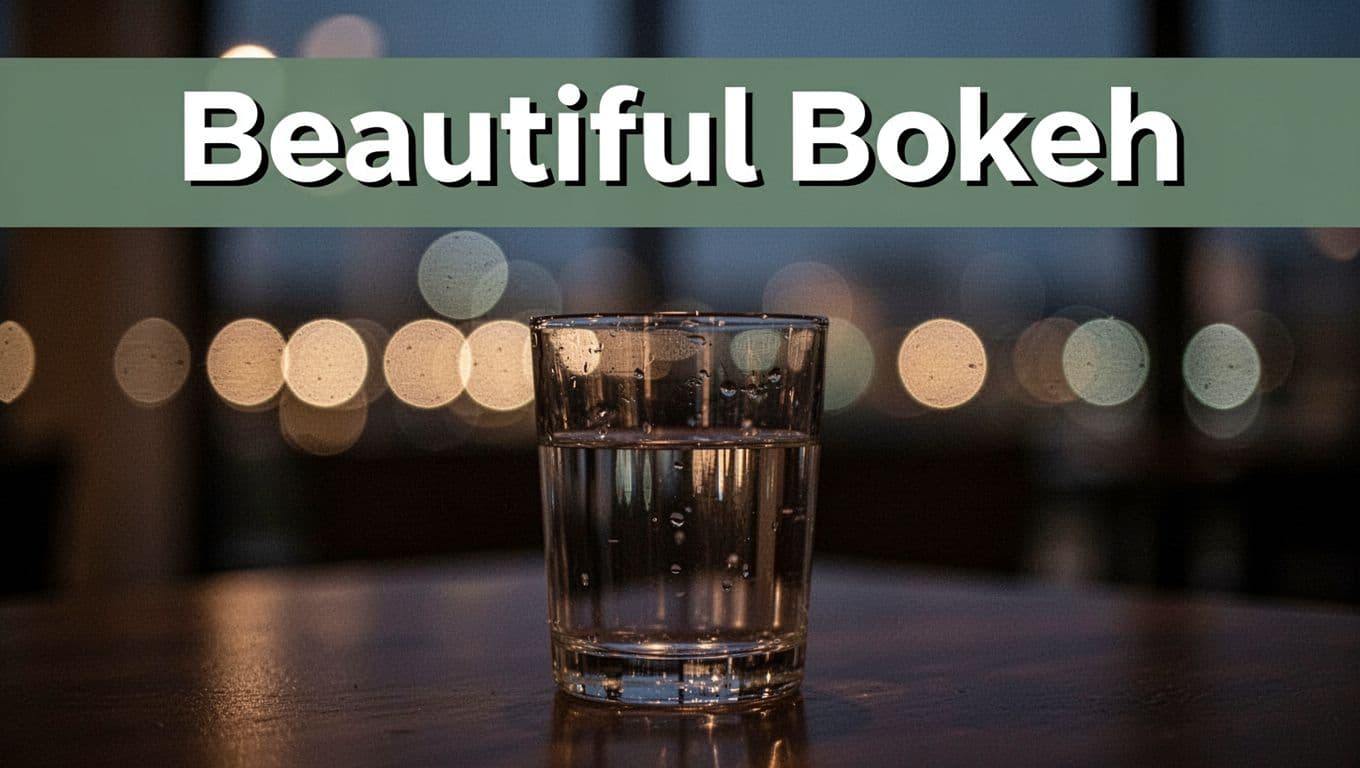 Artistic indoor photo in dark evening setting with sharp foreground glass of water against bokeh lights background, featuring circular smooth highlights.