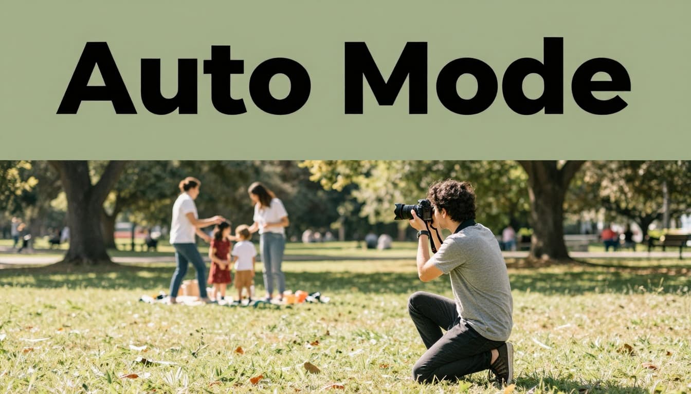 Beginner photographer kneeling with DSLR camera set to auto mode captures a family picnic in a sunny park with grass and trees, relaxed pose under natural daylight. Bold 'Auto Mode' headline in Montserrat Black font on edge-to-edge muted dark-green band at top, high contrast, warm tones, landscape ratio.