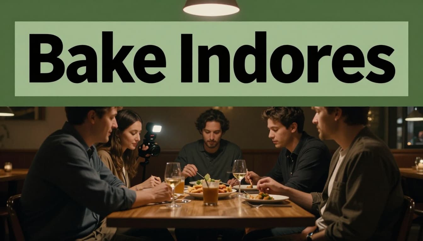 Photographer bounces flash off white ceiling to softly light three people at a dinner table in a dim, cozy restaurant, blending warm ambient light with realistic photo style and bold 'Bounce Indoors' headline.