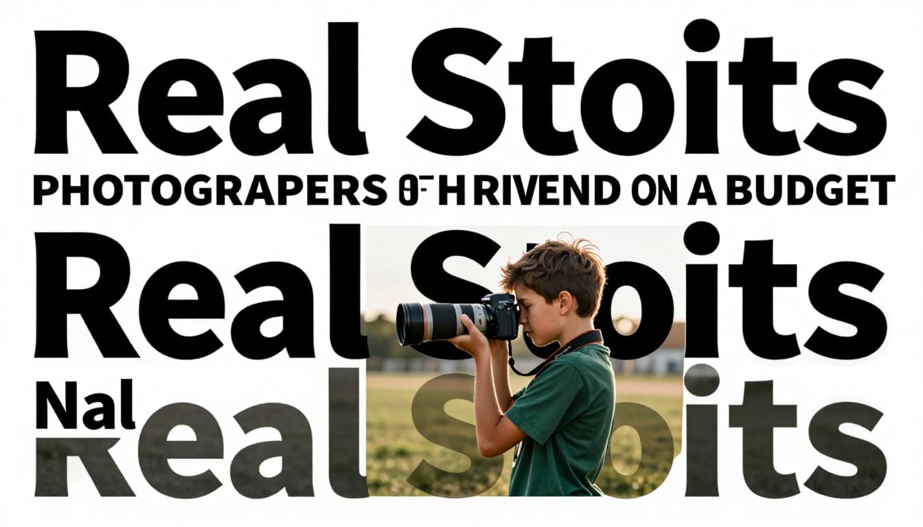 A casual photographer uses a Canon telephoto lens to capture an action-packed kids sports moment on a field during golden hour, with shallow depth of field and realistic style. Bold headline 'Real Stories' appears in a edge-to-edge muted dark-green band at the top in consistent geometric sans-serif typography.