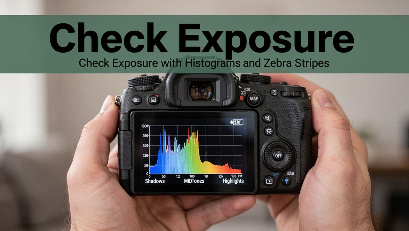 Close-up of a camera's LCD screen displaying a balanced histogram graph for exposure checking, with even tonal distribution across shadows, midtones, and highlights, held loosely in hand under soft indoor light, featuring a bold 'Check Exposure' headline in a dark-green band.