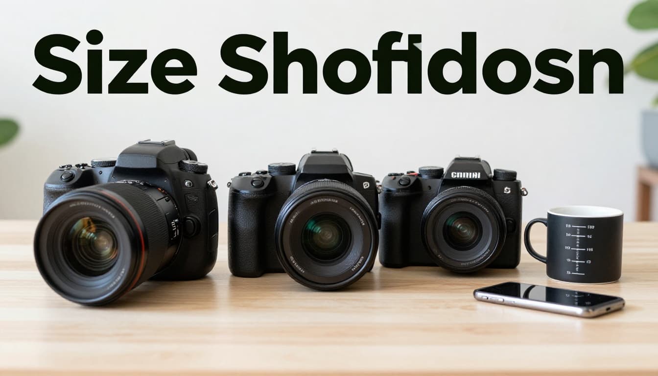 Side-by-side comparison of bulky DSLR with lens, compact mirrorless camera, and tiny smartphone on a table with a coffee mug for scale, in a natural indoor setting with soft lighting and a top muted dark-green band featuring the title.