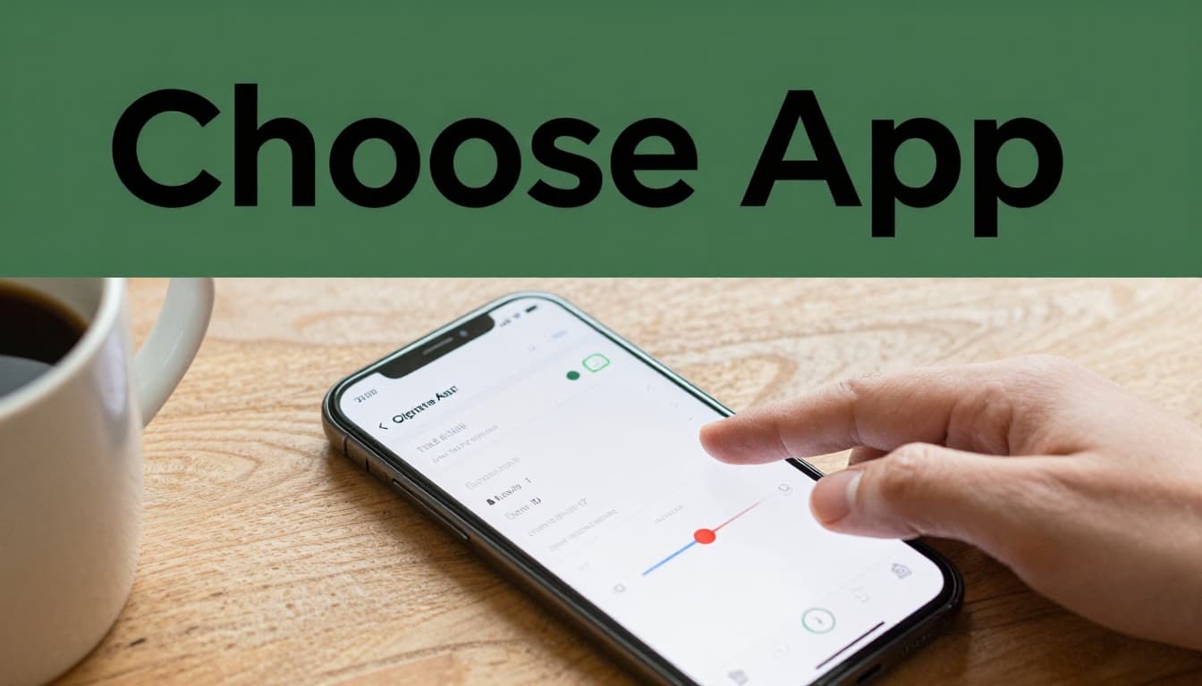 Close-up of smartphone screen showing simple photo editing app with crop and brightness sliders on wooden desk next to coffee mug, hand lightly touching, natural daylight, branded 'Choose App' headline on dark-green band.