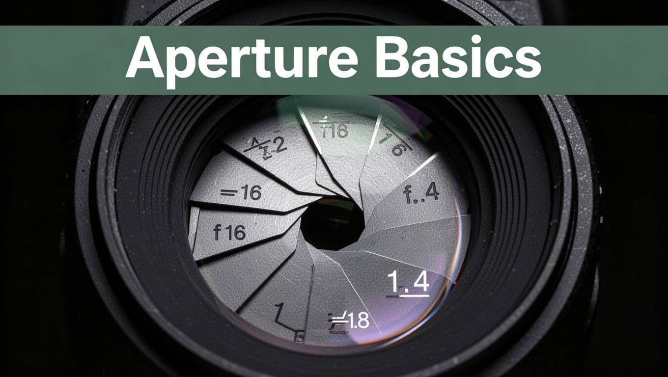 Close-up view of metallic camera lens diaphragm blades adjusting from narrow f/16 to wide f/1.4 aperture positions, in sharp focus on a black background with technical diagram style and subtle edge glow.