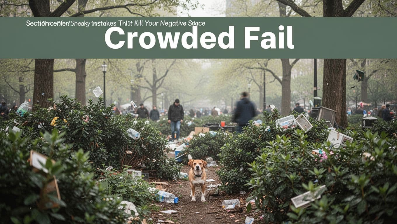 A cluttered park scene with a small dog lost among dense bushes, trees, people, and distractions, filling the frame with no negative space. Bold 'Crowded Fail' headline at top highlights the composition mistake.