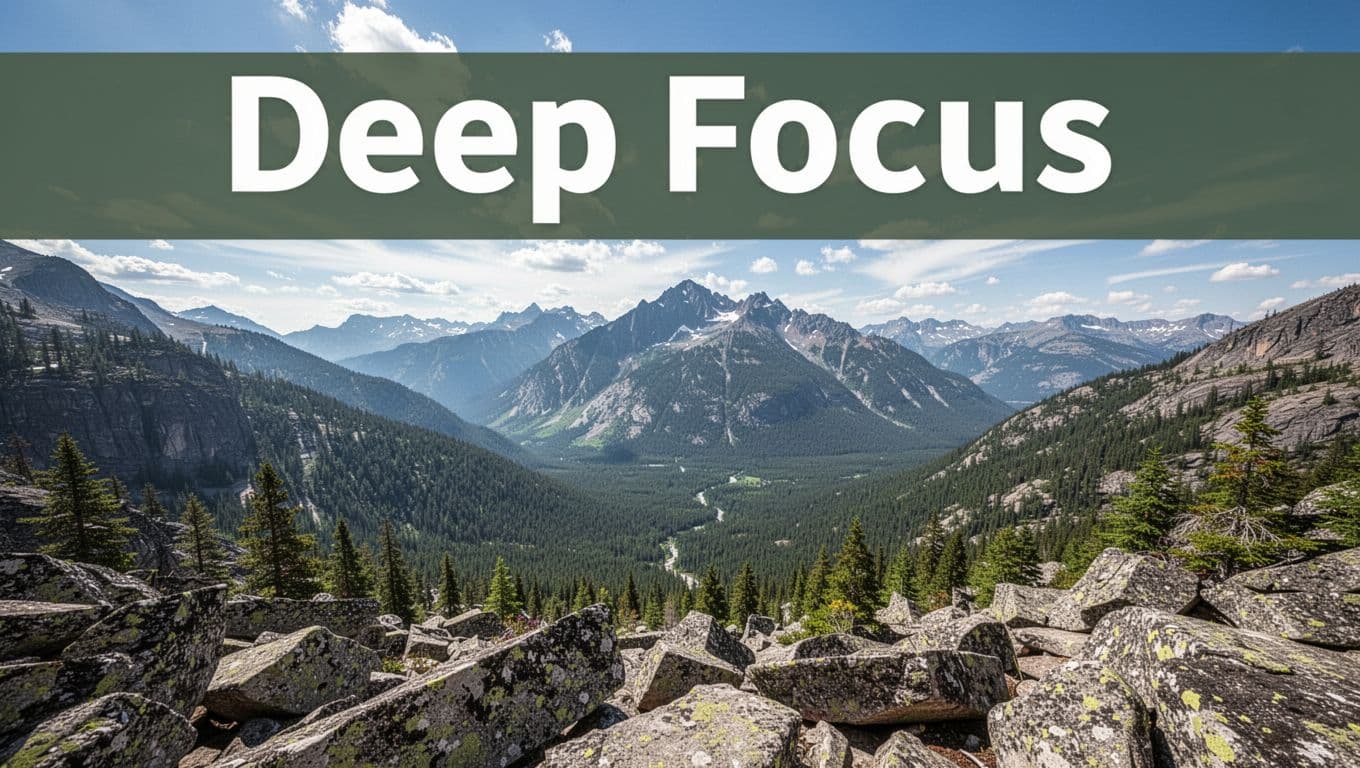 Photorealistic wide-angle landscape scene with deep depth of field, sharp from foreground rocks to distant mountains and vibrant sky under daylight.