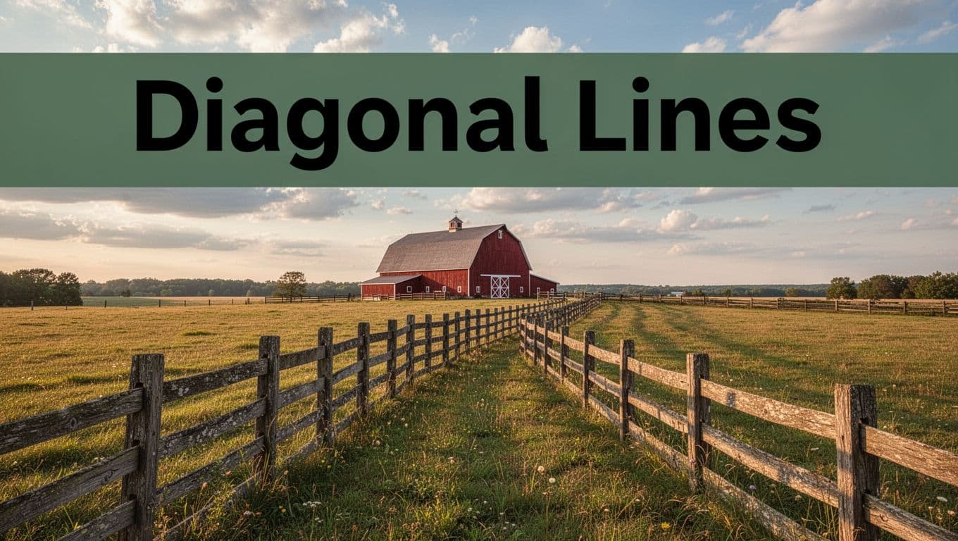 A diagonal wooden fence runs across a grassy field toward a distant red barn on the horizon in a rural countryside under a partly cloudy sky, captured in warm golden hour lighting with photorealistic style. Bold 'Diagonal Lines' headline in high-contrast sans-serif typography on a dark-green band at the top.