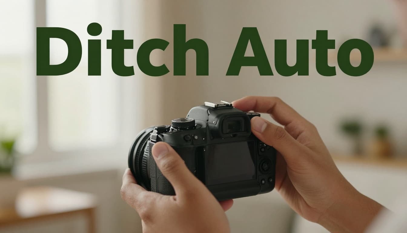 Close-up of a beginner photographer's hands adjusting a DSLR camera from auto to manual mode in a cozy home studio with soft natural light and a bold 'Ditch Auto' headline banner.