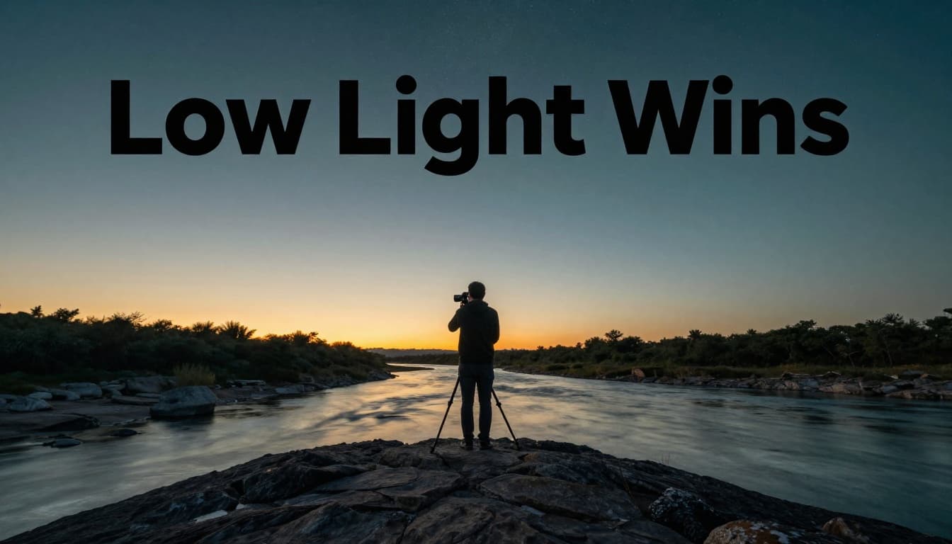 A photographer from behind sets up a tripod at dusk for a long exposure landscape shot featuring a smooth river, foreground rocks, and emerging starry sky, with soft lighting transition and a bold 'Low Light Wins' headline banner at the top.
