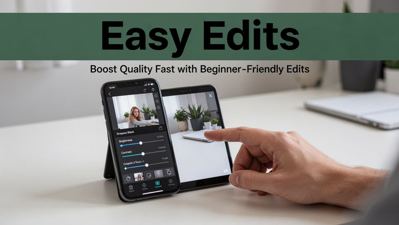 Smartphone screen displaying Snapseed photo editing app with sliders for brightness, contrast, and crop, a relaxed hand tapping the interface on a clean desk under soft light, featuring a bold 'Easy Edits' headline on a muted dark-green band.