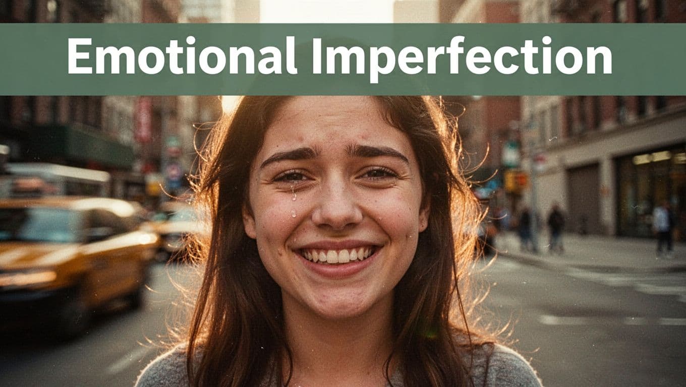 Photo-realistic candid portrait of a young woman with genuine emotional smile and slight tear, imperfect off-center symmetry, nostalgic warm faded colors, balanced chaotic city street and calm space background, golden hour lighting.