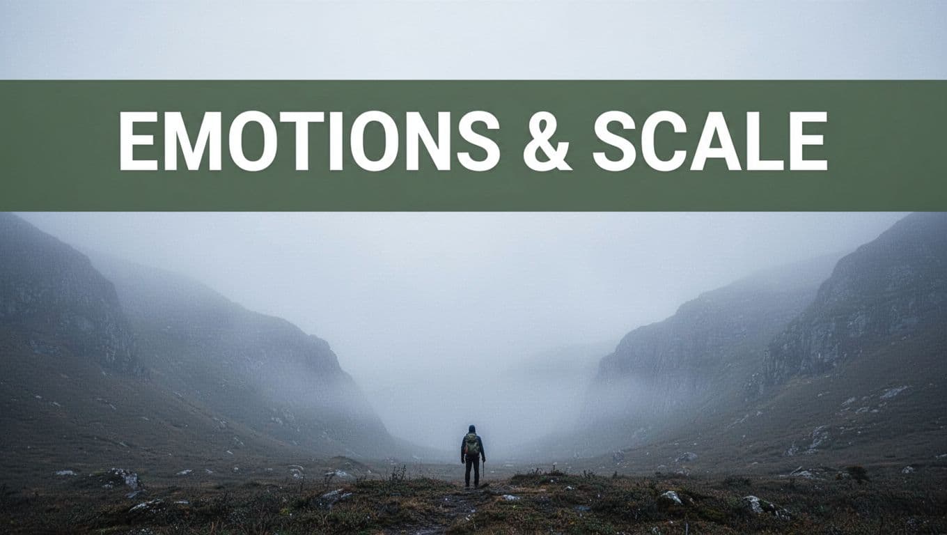A tiny lone hiker dwarfed in the foreground of a vast foggy mountain valley stretching to the horizon under an expansive pale blue-gray sky, emphasizing scale, grandeur, isolation, and emotion through negative space in a minimalist composition.