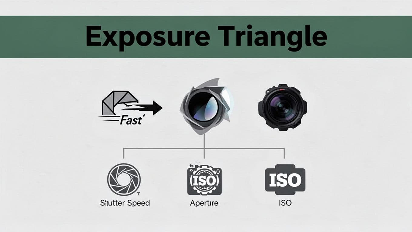 Simple diagram illustration of the photography exposure triangle with icons for shutter speed (fast arrow), aperture (wide opening), and ISO numbers on a neutral background, connected below a bold 'Exposure Triangle' headline in a dark-green top band.