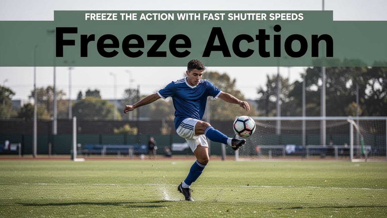 A soccer player mid-jump sharply kicking a ball, frozen in dynamic action on an outdoor sports field under bright daylight, with bold 'Freeze Action' headline in a dark-green top band.