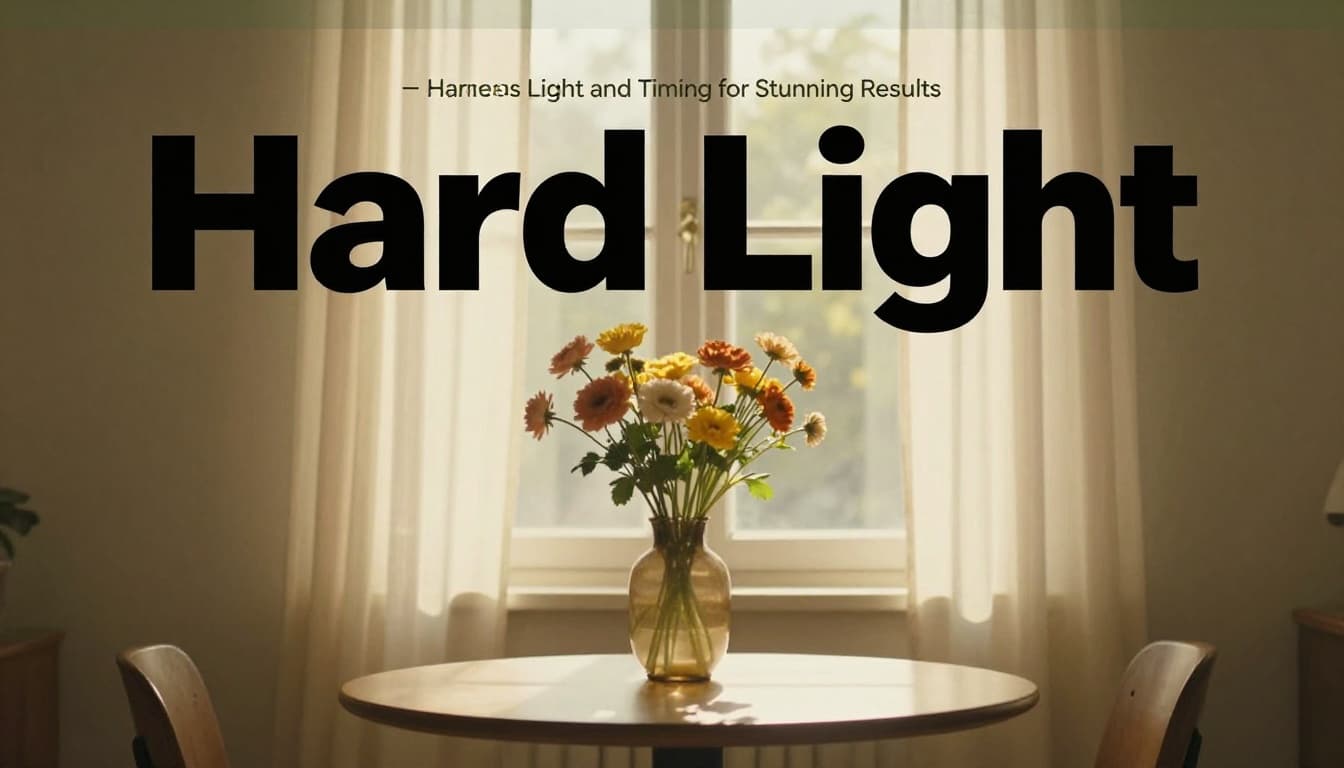 Soft golden hour sunlight filtering through a window onto a vase of flowers on a table, creating a warm glow highlighting textures in a cozy room with a bold 'Harness Light' headline on a dark-green band.