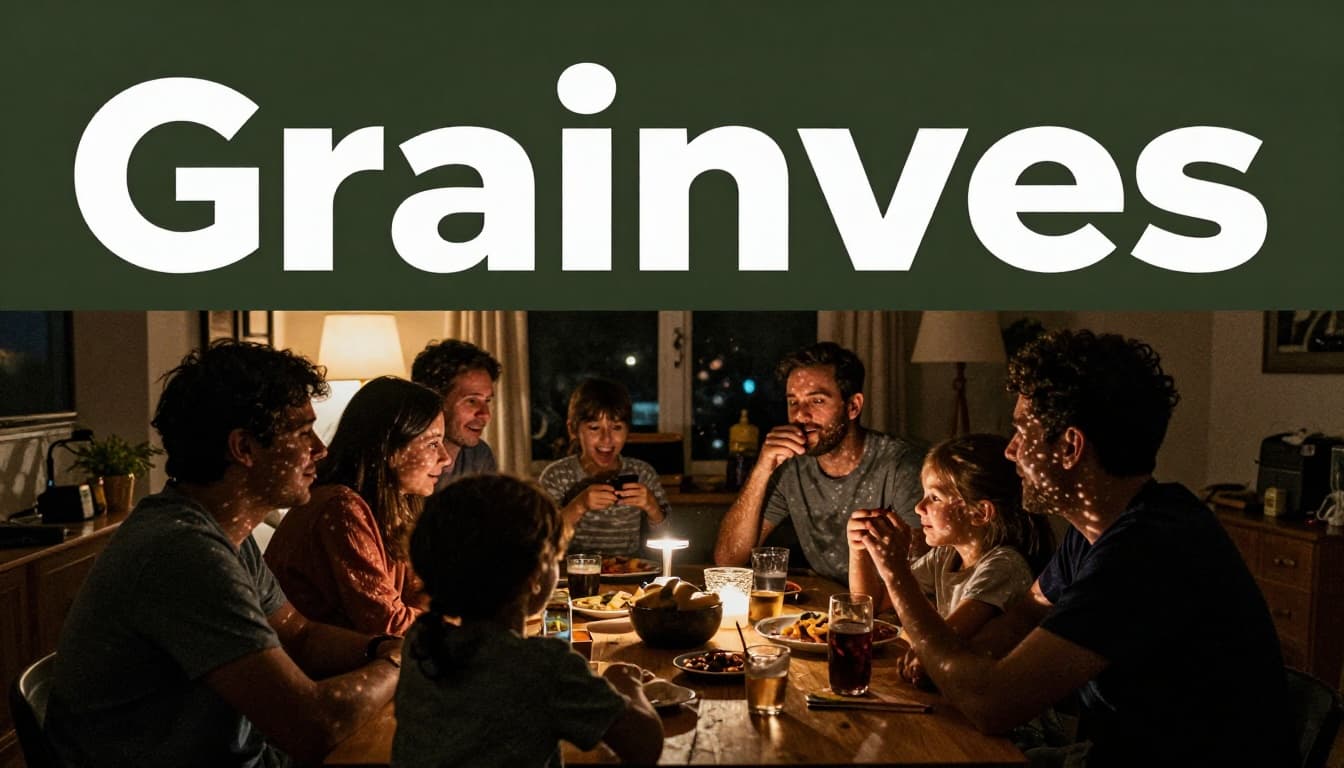 Grainy indoor family photo at night showing speckles and color blotches in shadows on faces and table in a cozy living room with lamps. Bold branded 'Grain Causes' headline on muted dark-green band, illustrating low light as a common cause of photo grain.