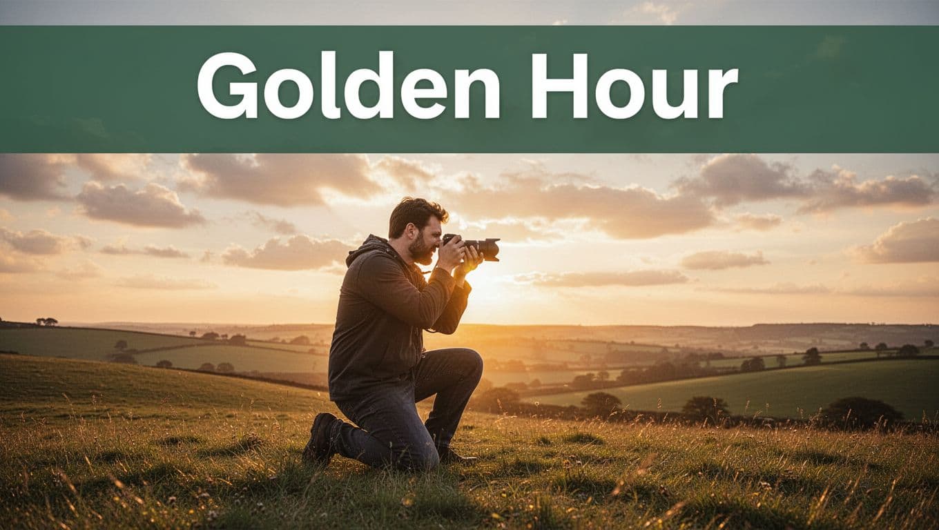 A solo photographer kneels on a grassy hill capturing a vibrant golden hour sunset landscape with a DSLR camera, in photorealistic style with warm lighting and a branded 'Golden Hour' headline band.