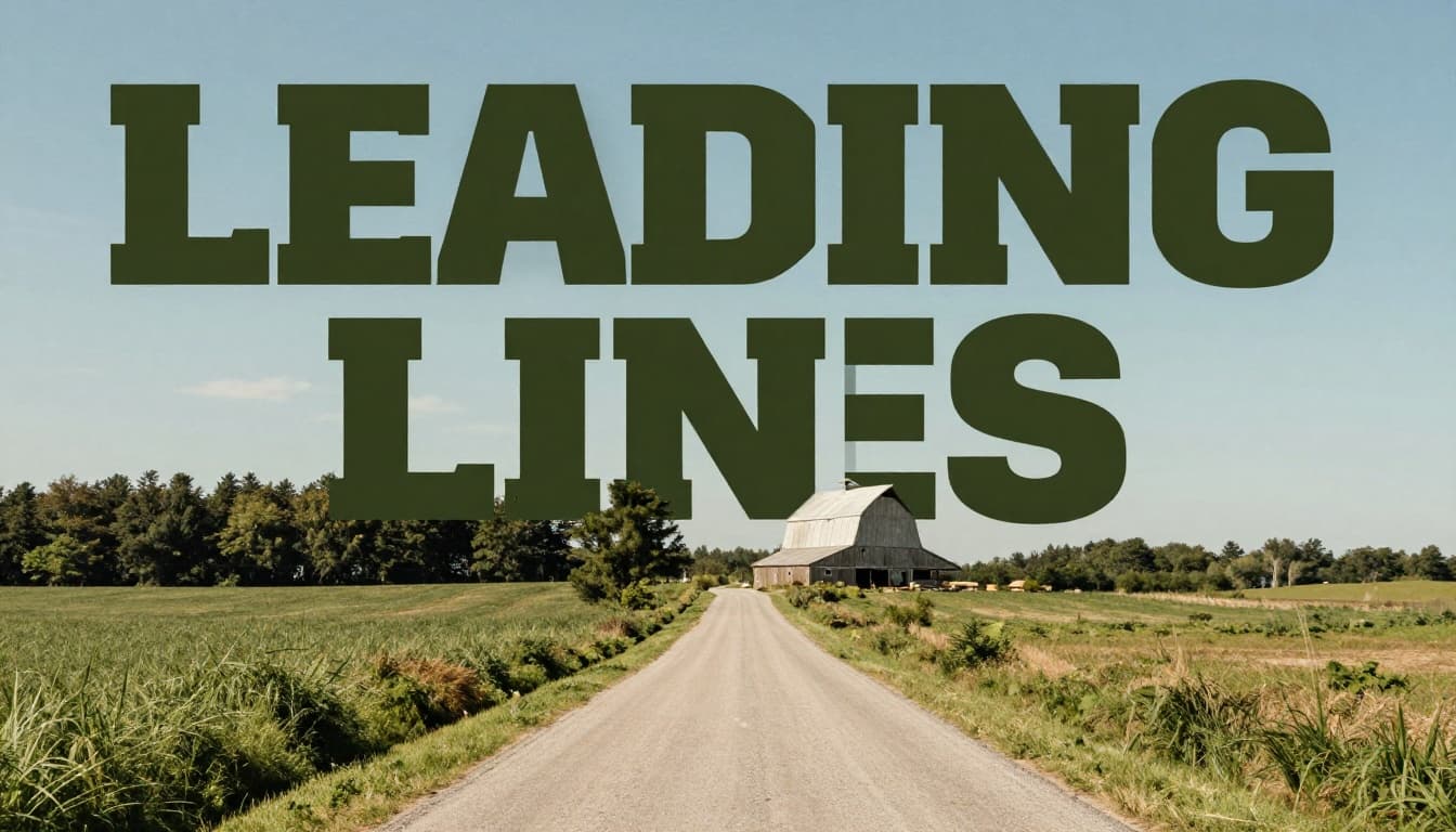 Photorealistic rural landscape with a winding country road flanked by trees leading to a lone barn under blue sky, exemplifying leading lines in photography. Features bold 'Leading Lines' headline on muted dark-green band at top.
