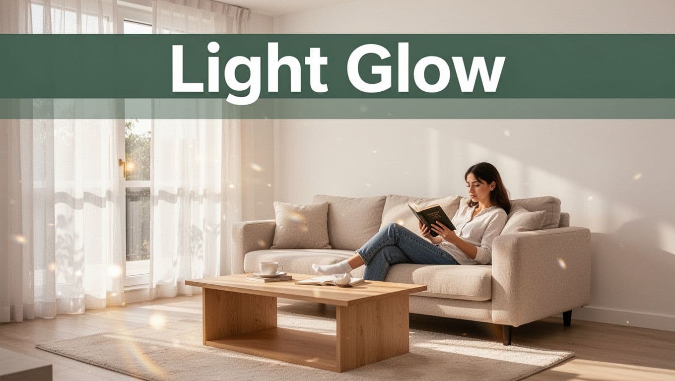 Bright modern living room bathed in sunlight with pale beige sofa, white walls, light wood coffee table, sheer curtains on large windows, and one person relaxing while reading a book. Warm natural lighting creates a soft glow with photorealistic high detail and a branded dark-green band featuring the headline 'Light Glow'.