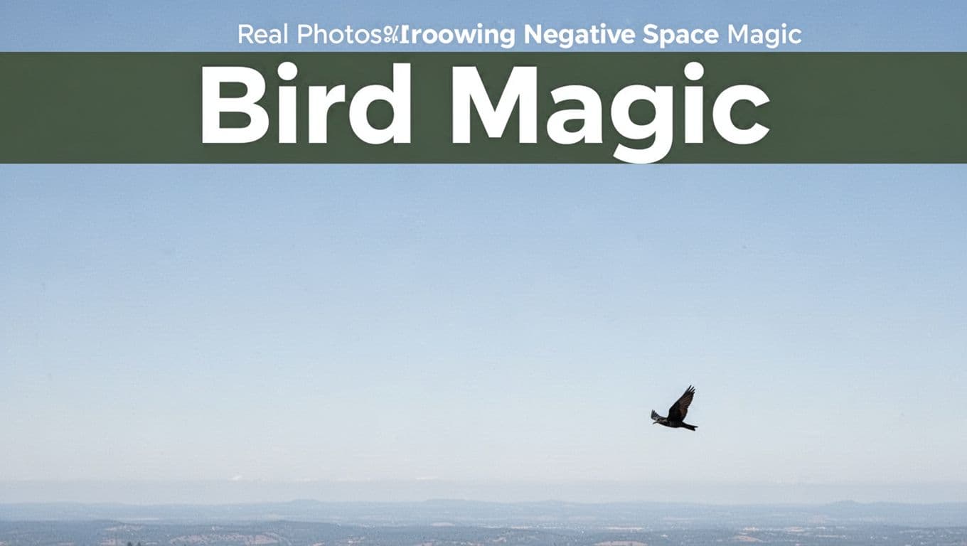 A single small dark bird soars in the lower right foreground against a huge vast empty pale blue sky filling most of the frame, emphasizing negative space, isolation, and scale in a minimalist composition with soft diffused daylight. A bold 'Bird Magic' headline appears on a muted dark-green horizontal band near the top.
