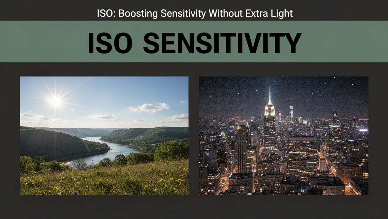 Side-by-side photorealistic images contrasting a clean low ISO 100 sunny landscape with a grainy high ISO 3200 night cityscape on a dark background, topped with a bold 'ISO Sensitivity' headline band.