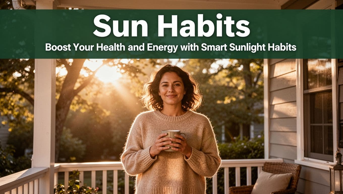 A single person stands relaxed on a sunny porch holding a coffee mug with both hands, illuminated by warm morning sunlight streaming through trees, with a cozy home background and a top dark-green band featuring 'Sun Habits' headline.
