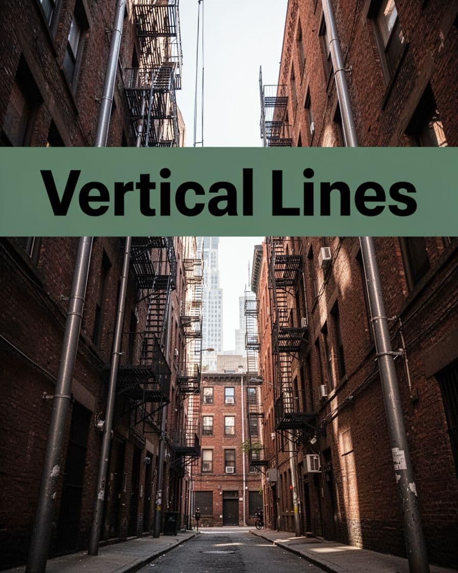 Low-angle photorealistic view up a narrow urban alley with tall brick walls, fire escapes, and poles forming strong vertical leading lines converging to bright sky, under dramatic midday lighting with long shadows. Features bold 'Vertical Lines' headline on muted dark-green band near top.