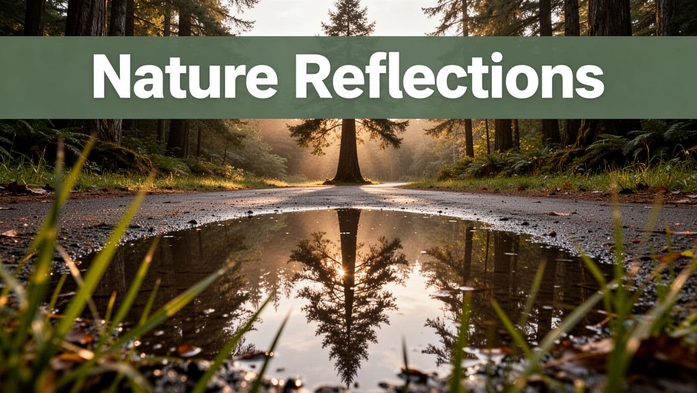 Photo-realistic low-angle view of a tall tree perfectly reflected horizontally in a still puddle on a wet forest path after rain, with foreground grass in soft focus and golden hour lighting in a Pacific Northwest forest.
