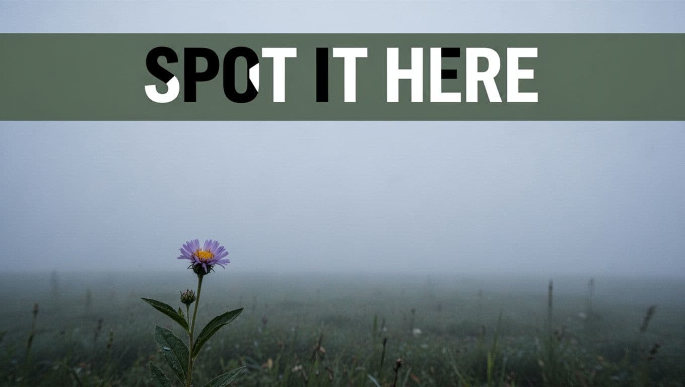 A solitary wildflower in the foreground of a vast foggy field under an expansive blue-gray sky, minimalist composition highlighting negative space, with bold 'SPOT IT HERE' overlay.