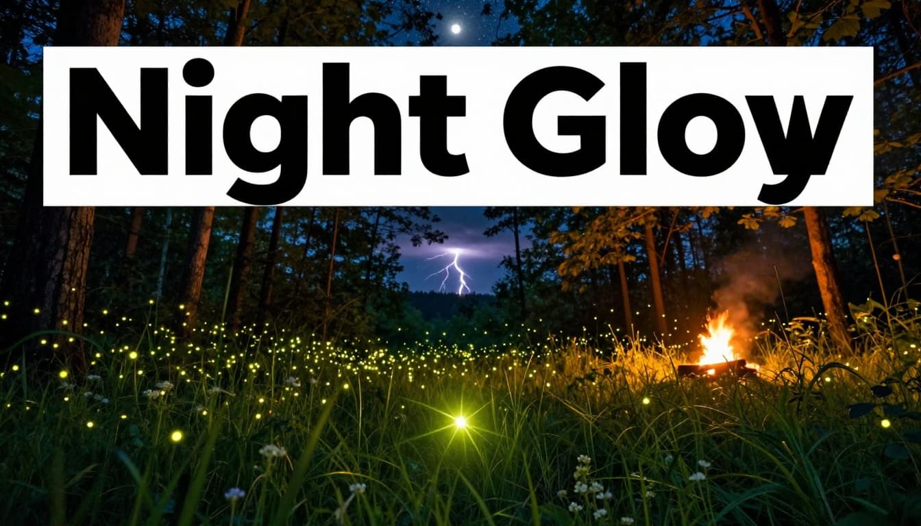 A serene nighttime forest glade with glowing fireflies, starry sky, distant lightning flash, and campfire warmth under moonlight, in realistic high-detail nature photography style.