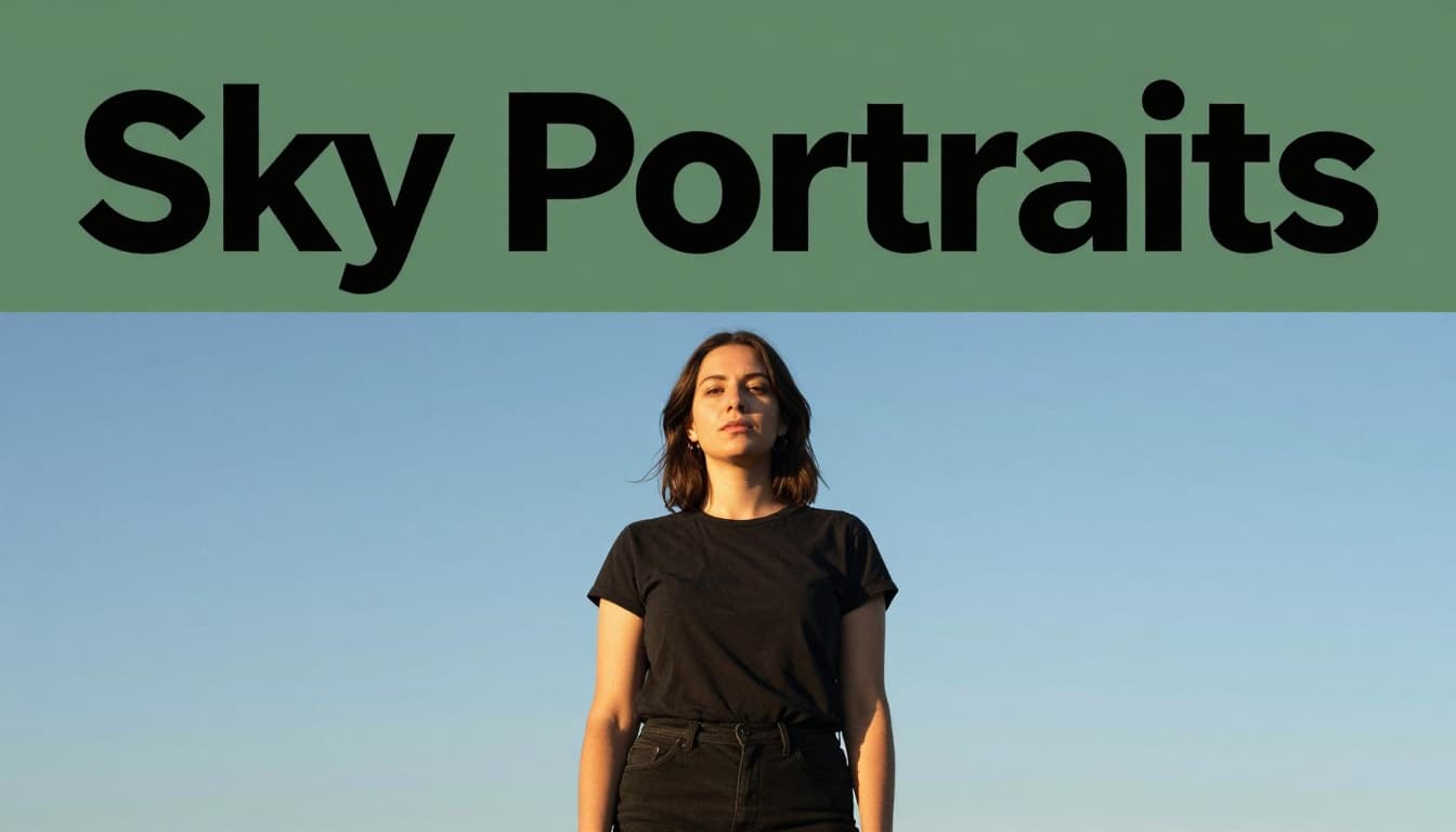 Outdoor portrait of a woman against a bright blue sky at golden hour, with flash evenly lighting her face and perfect sky exposure, park background, bold 'Sky Portraits' headline on dark-green band.