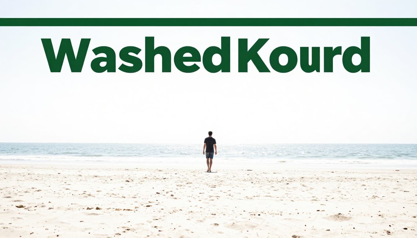 A sunny beach scene with a person walking under harsh sunlight, featuring an overexposed white sky and washed-out highlights losing details in sand and waves. Bold 'Washed Out' headline on a dark-green band illustrates overexposure in bright outdoor lighting.