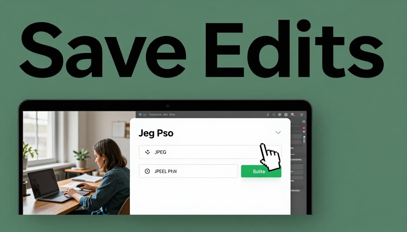 Desktop office setup with photo editor saving options menu open, displaying JPEG and PNG formats along with share buttons; mouse cursor hovering, angled side view under natural window light, realistic style with 'Save Edits' headline on muted dark-green band.