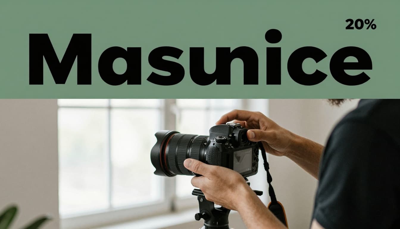 A photographer in a studio thoughtfully adjusts manual settings on a DSLR camera dial, focusing on exposure triangle controls under soft window light, with the camera on a tripod nearby.