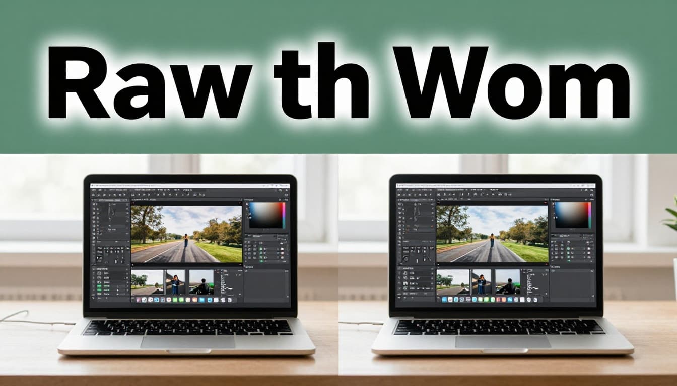 Side-by-side smartphone photos transforming from dull raw shot to vibrant edited version on a clean desk with editing software on a laptop. Bold 'Raw to Wow' headline on a muted dark-green band at the top in a simple workspace with natural light.