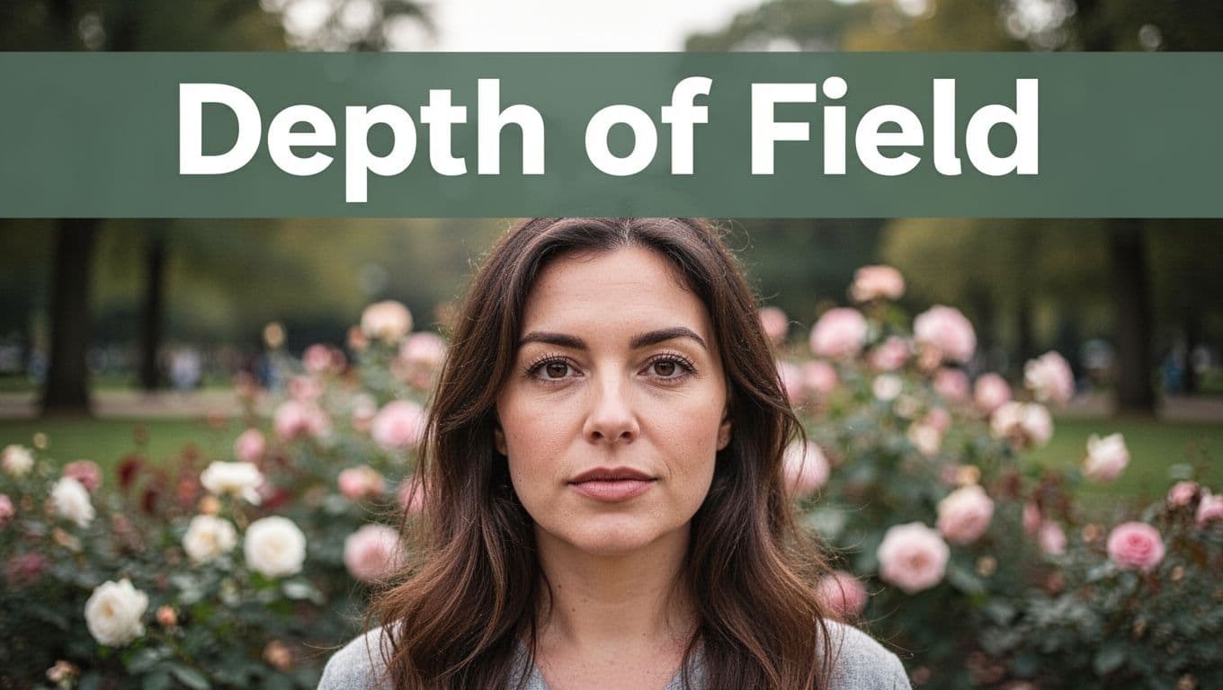 Realistic portrait of a woman's sharp face in foreground with creamy blurred flowers in park background under soft natural light. Bold 'Depth of Field' title in high-contrast dark-green band at top.