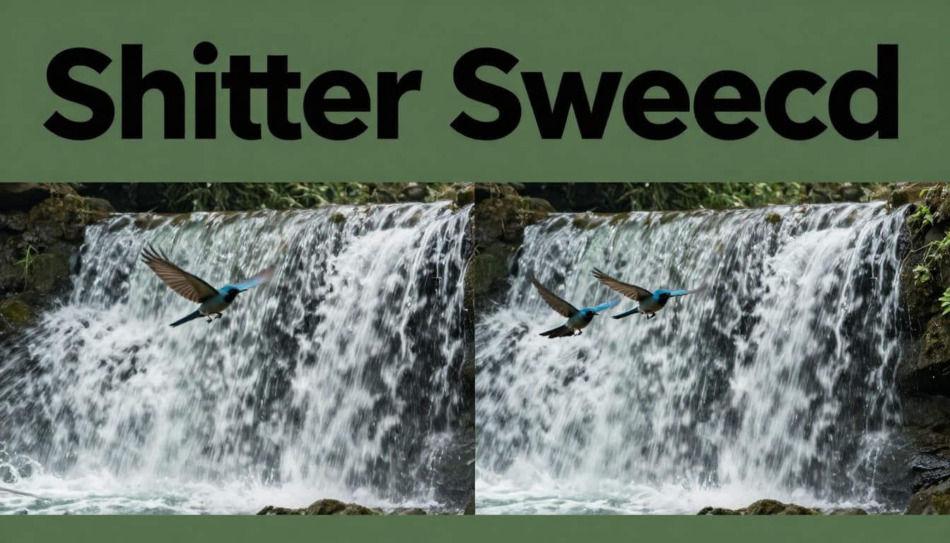 Split-scene photorealistic comparison in outdoor setting: fast shutter speed freezes bird in flight on one side, slow shutter speed silkily blurs waterfall on the other, with soft even lighting and bold 'Shutter Speed' headline on muted dark-green band at top.