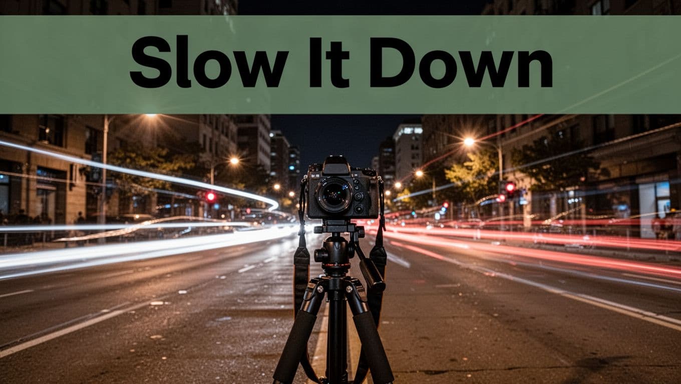 Photographer adjusting camera settings on tripod at night with city light trails blurring past in an urban street scene under dark sky, featuring bold 'Slow It Down' headline in Montserrat Black on muted dark-green top band.
