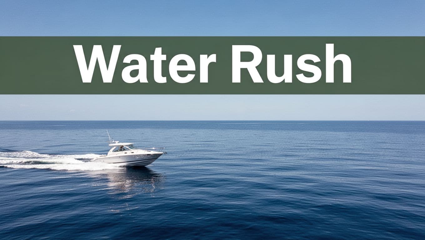 A small white speedboat with wake trail speeds low left across flat calm deep blue water to the horizon under vast clear sky, minimalist negative space emphasizing motion and isolation with bold 'Water Rush' headline on dark-green band.