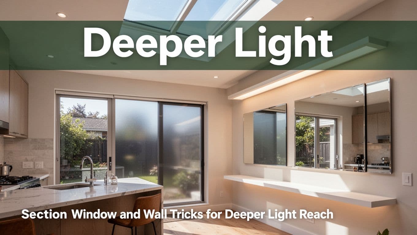 Sunlit modern kitchen interior illuminated by skylight above, large smart tinting window half-transparent, wall mirror reflecting light deeper, and light shelf diffusing rays for even natural lighting.