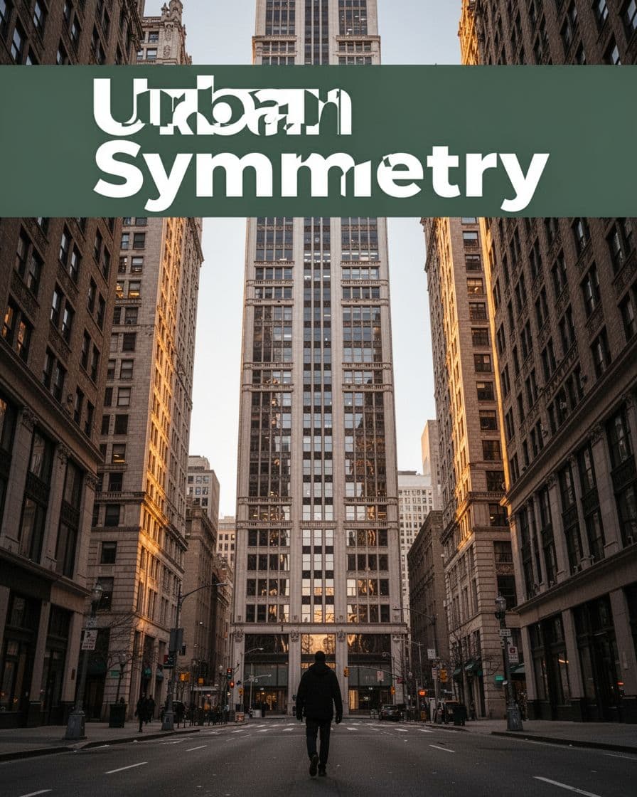 Photo-realistic vertical phone shot of a tall skyscraper facade with perfect vertical symmetry, captured from a low ground angle in a US city street during golden hour with subtle off-center human figure for balance.