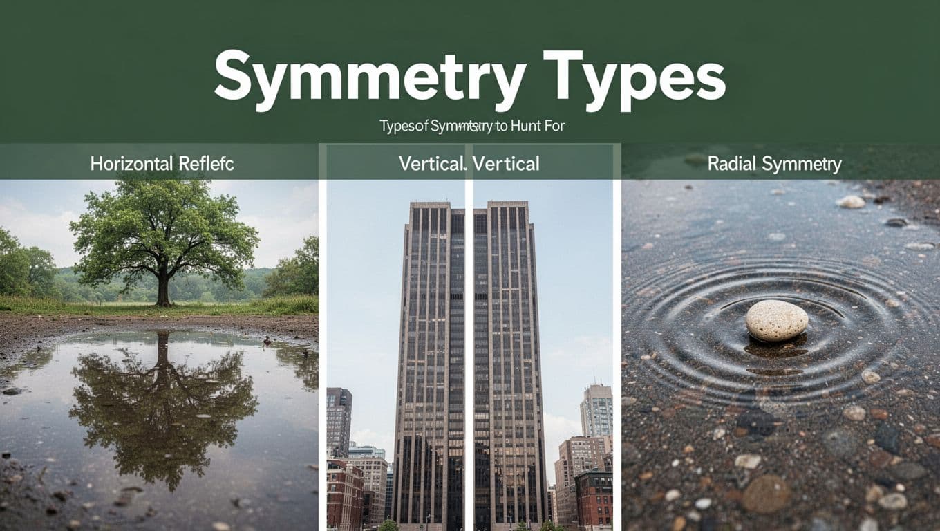 Three photo-realistic outdoor scenes in a horizontal row demonstrate symmetry types: left shows horizontal reflection of a tree in a puddle; center features vertical symmetry of a tall building split down the middle; right displays radial symmetry of ripples expanding from a central pebble in water. Bold 'Symmetry Types' headline on a muted dark-green band at the top with soft daylight lighting and tight crops.