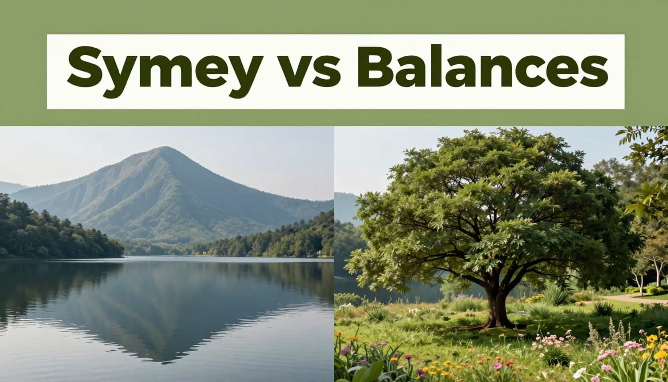 Side-by-side comparison showing perfect symmetry with a mountain perfectly reflected in a calm lake on the left, and asymmetrical balance with a large tree on the left and a cluster of small flowers on the right in natural outdoor settings.