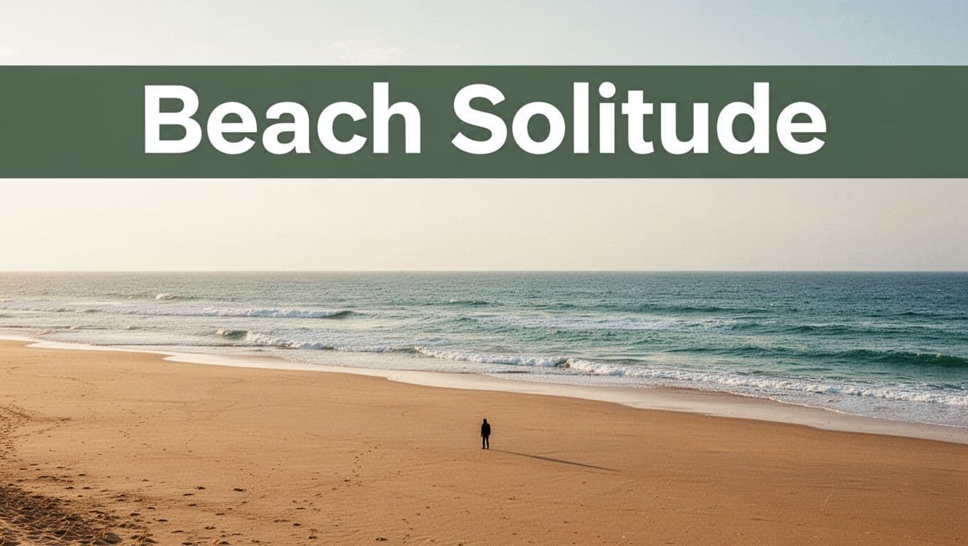 A tiny distant human silhouette stands centered on an endless flat golden sandy beach curving to the horizon, with vast turquoise ocean waves and expansive pale sky filling most of the frame in a minimalist negative space composition emphasizing scale, solitude, and grandeur during golden hour.